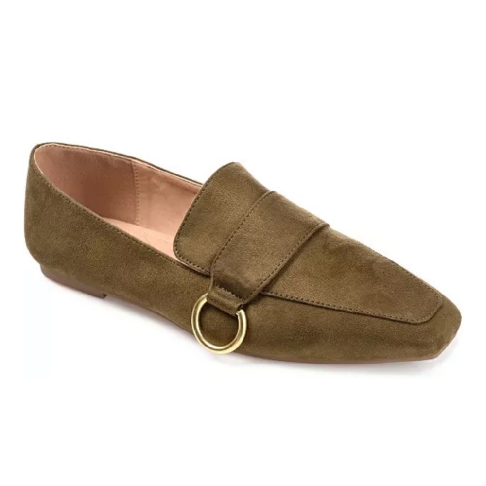 Journee Collection Olive Green Suede Loafers with Gold Ring - Picture 2 of 10